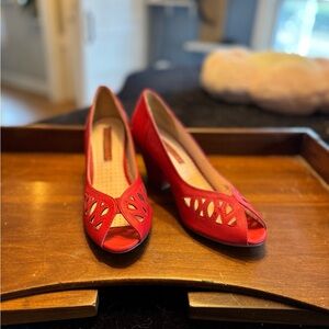 Vintage Inspired Red Peep-Toe Heels with Cutouts